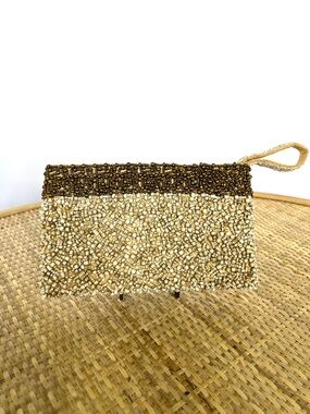 Vintage Hand Beaded Evening Clutch Purse Bag Wristlet Beige Bronze Copper